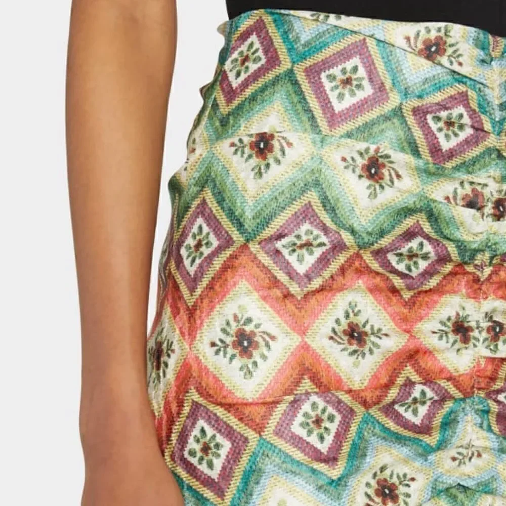 NWT AUTUMN ADEIGBO Soraya Geometric-Print Ruched Bead-Fringe Midi Skirt Size 8